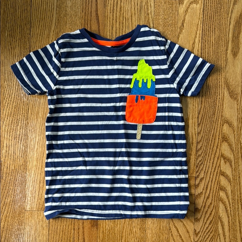 Mini Boden. Size 6-7. Navy and White Striped Short Sleeve Tee with Popsicle.